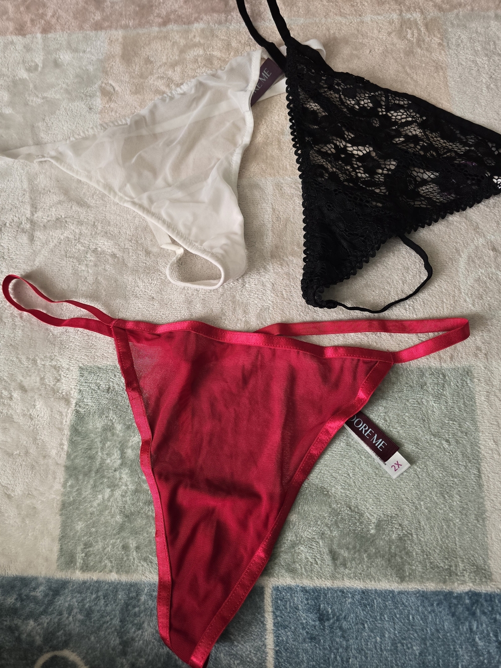 Adore Me 3-Pack Lace & Mesh Thong Set – Red, Black, White Lot
